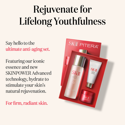 PITERA™ Youth Essentials Kit is a dark spot and fine line reduction set which includes Facial Treatment Cleanser, Facial Treatment Essence, and SKINPOWER Cream moisturizer