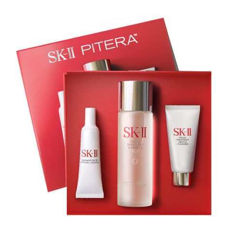 SK-II PITERA™ Ultimate Aura Essentials Kit skin brightening set with Facial Treatment Essence, Facial Treatment Cleanser, and GenOptics Ultraura Essence Serum